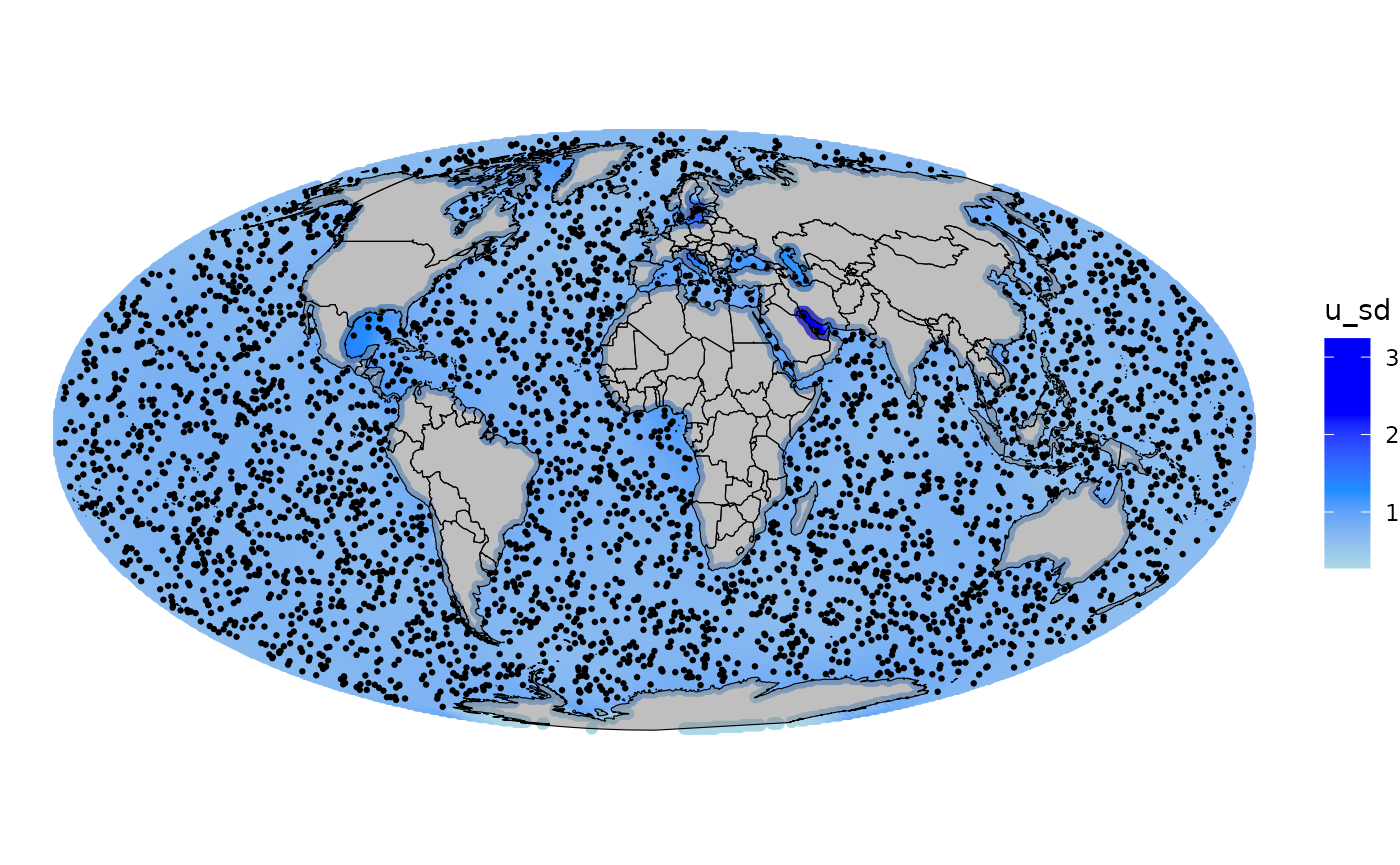 Posterior standard deviation of the random field with the observed points (black docs)